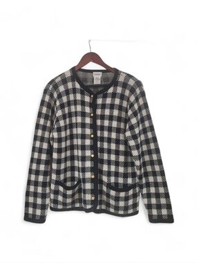 Vintage Liz Baker Cardigan Sweater Medium Black White Gingham Check Y2k 90s